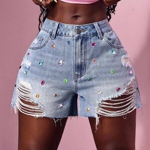 Embellished Blue Denim Shorts